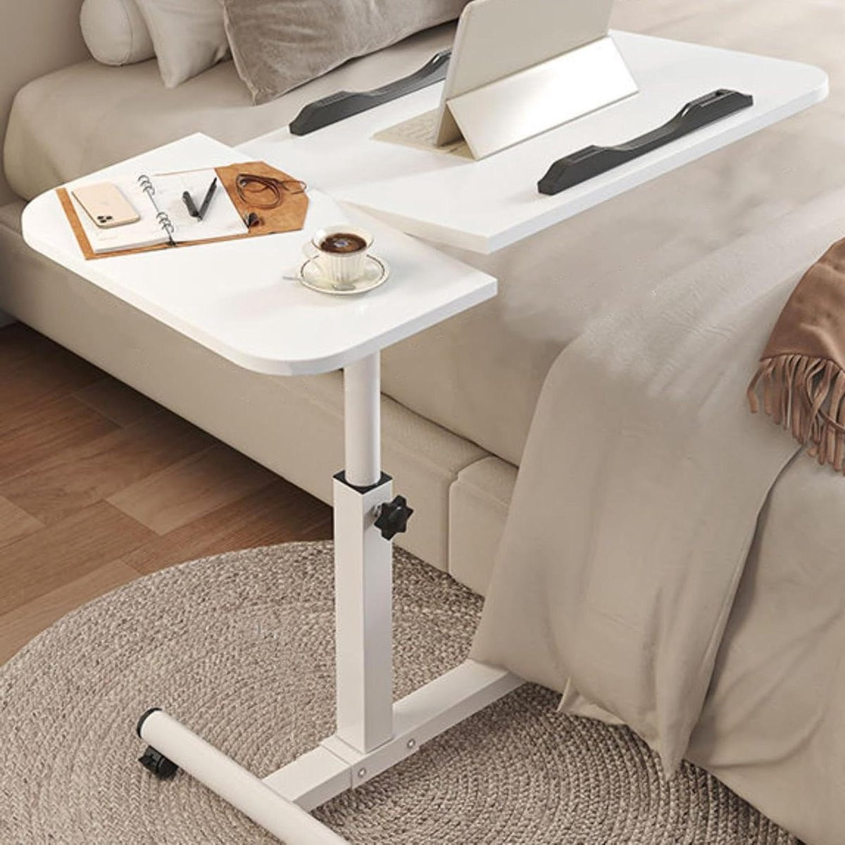 Verrijdbaar Bureau Wit - Hoogteverstelbare Laptop Tafel met 360° Draaibaar Werkblad