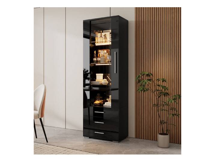 Merax Glasvitrine hochglanz Vitrine mit LED-Beleuchtung (1-St) Standvitrine mit 3 Schubladen, Acryltür & Glaseinlegeböden,60x35x180cm