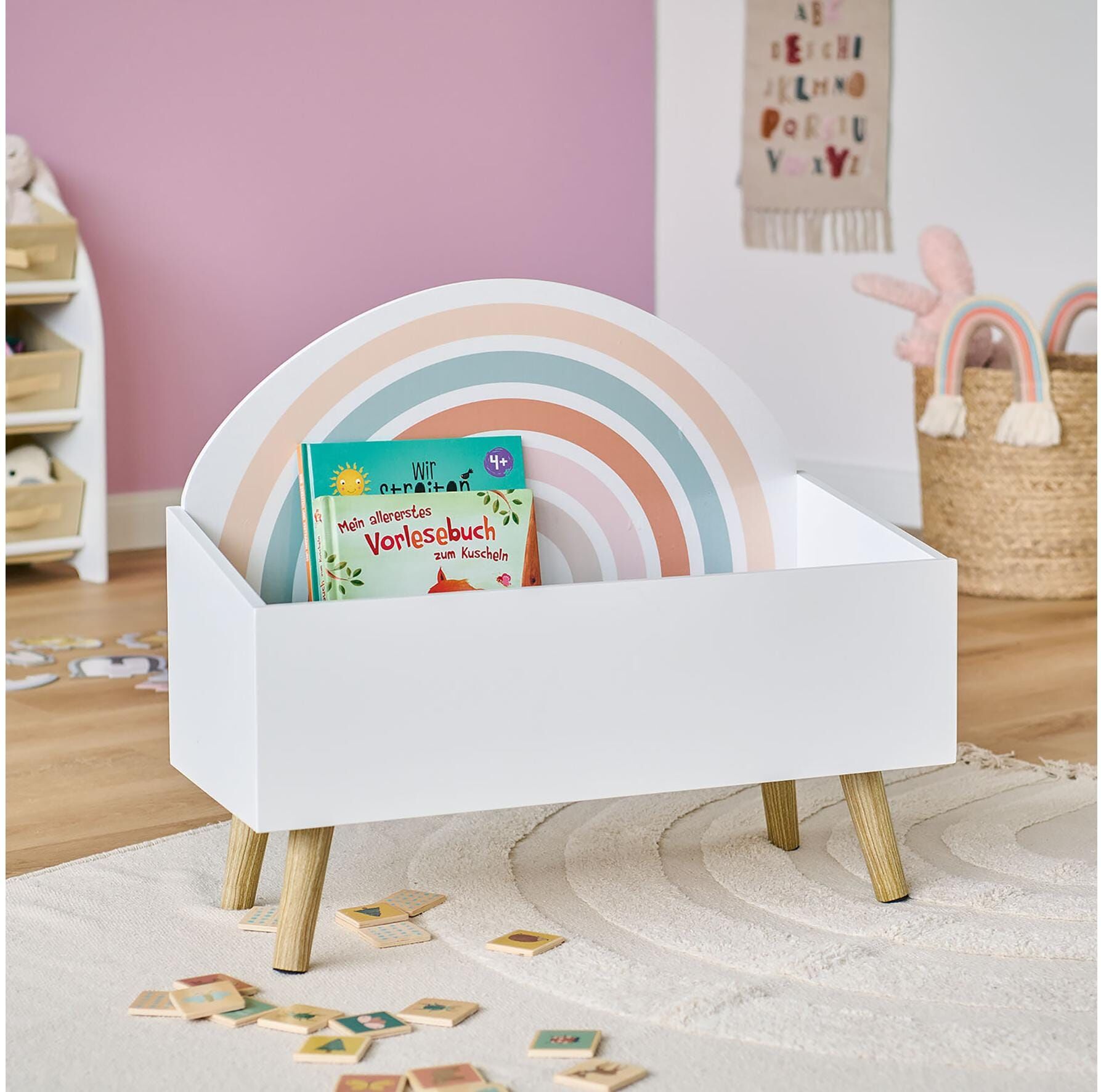 Kiste ZELLER PRESENT "Kinder-Aufbewahrungstruhe Rainbow 58 x 28 x 52 cm", Baby, bunt (mehrfarbig, weiß), Aufbewahrungsboxen Kiste mehrfarbig, weiß Einheitsgröße