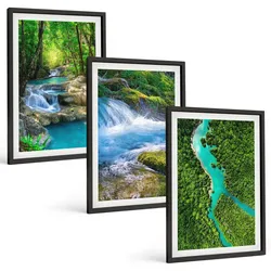 BILDER SET 3er Set - 40x60 cm Schwarzer Rahmen - Grüne Wälder, kristallklares Wasser