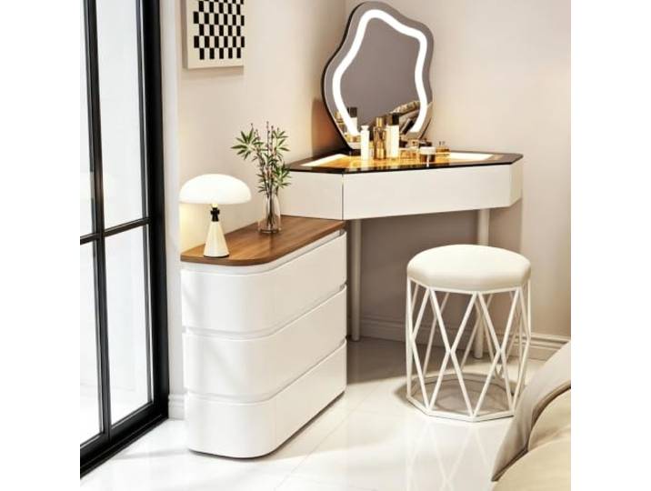 Dalumian Eck-Schminktisch mit Beistellschrank Beleuchtung für den Schminktisch, ideal für kleine Mädchenzimmer(White,80cm)
