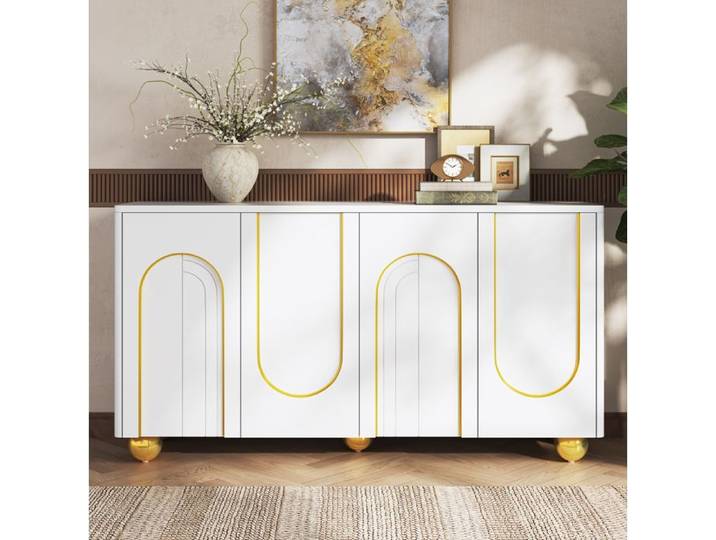 Buffet 4 portes avec rangements et charnières amorties - LPOSPI - panneaux de particules MDF blanc