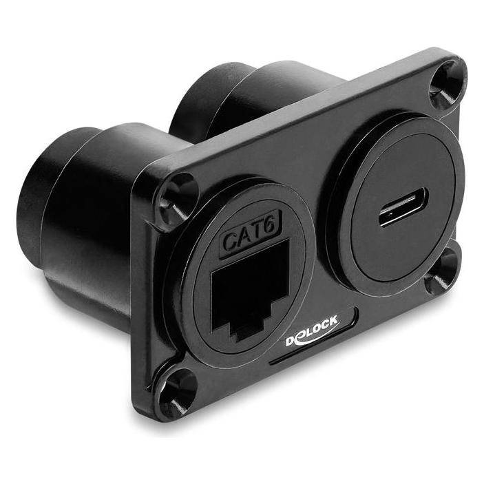 Delock Dual Einbaubuchse USB 10 Gbps USB Type-C Buchse PD 100 W + RJ45 Buchse Cat.6 schwarz (91170) (91170)