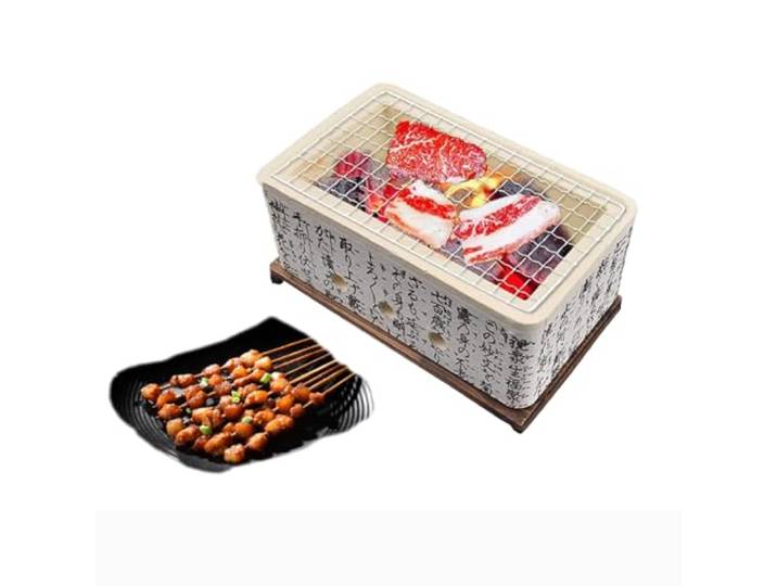 Yiustldd Japanischer Hibachi-Tischgrill aus Keramik, tragbarer Yakitori-Holzkohlegrill mit Drahtgeflechtgrill und Basis für Outdoor-Camping