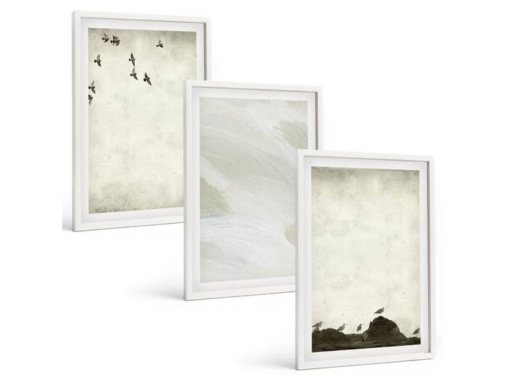 Tulup Bilder SET 3er Set - 40x60 cm Weißer Rahmen - Vögel, Steine, Pinselstriche, Verzierungen, Kunststoff, Rechteckig, 40x60 cm, Fotografie, Bilder & Rahmen, Bilder