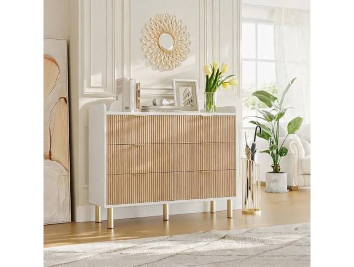 GarveeHome 6-Schubladen Kommode 120 cm Geriffelte Holzoptik Metallgriffe modernes Design für Schlafzimmer Wohnzimmer Diele