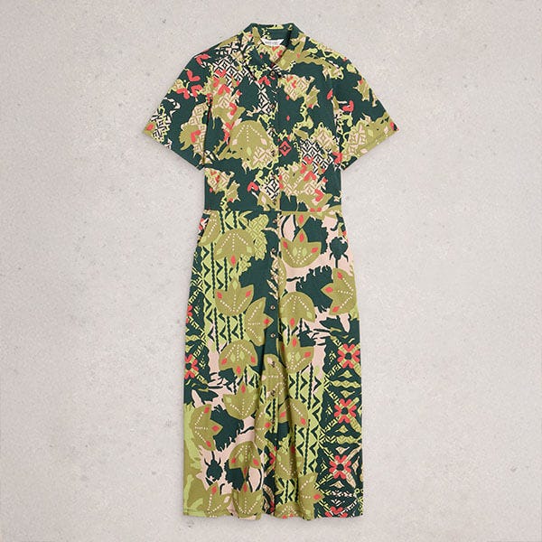 White Stuff Rua Jersey Shirt Dress Green Print
