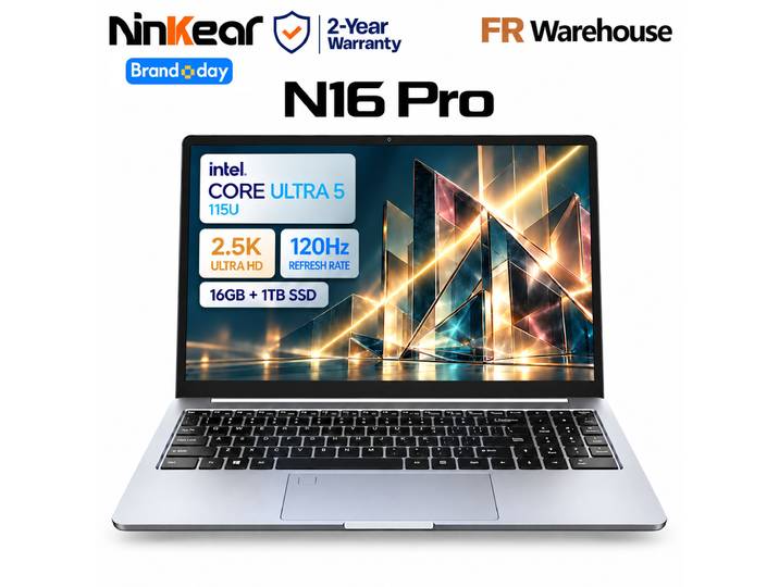Ninkear N16 Pro AI Ordinateur Portable Intel Core Ultra 5 115U 16 Pouces Écran 2.5K 120Hz 16Go RAM LPDDR5 1To SSD WiFi 6 Windows 11 NPU IA 21 TOPS clavier rétroéclairé pour bureau études multitâche