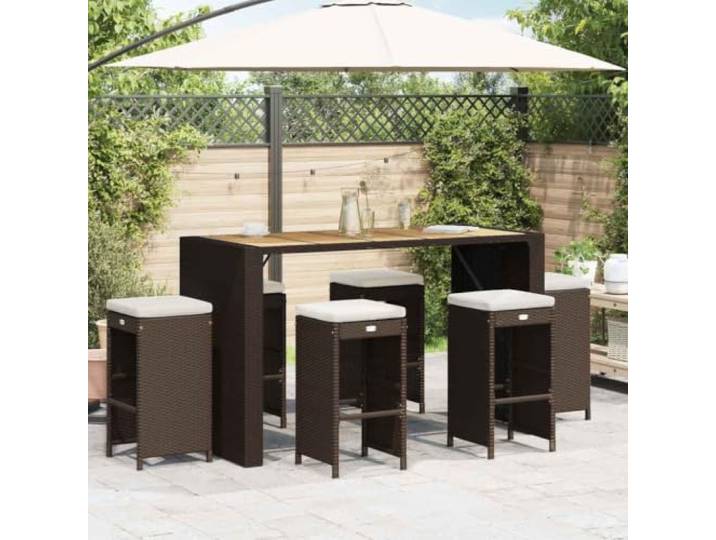 ZQQLVOO Garten-Barhocker mit Kissen 6 STK. Braun Poly Rattan Poly Rattan, pulverbeschichteter Stahlrahmen, abnehmbare Kissenbezüge, 110 kg Belastbarkeit, witterungsbeständig