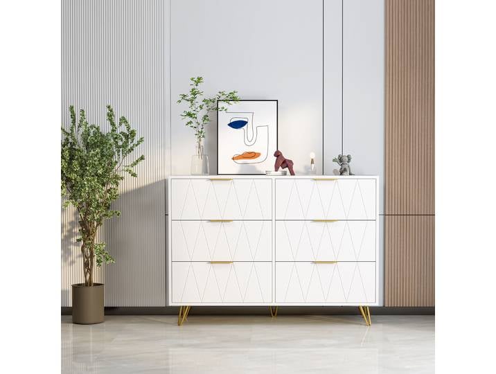 Weiße Kommode mit 6 Schubladen, vielseitiges Sideboard mit goldenen Griffen und Metallbeinen, Aufbewahrungsmöbel für Schlafzimmer, Wohnzimmer, Flur