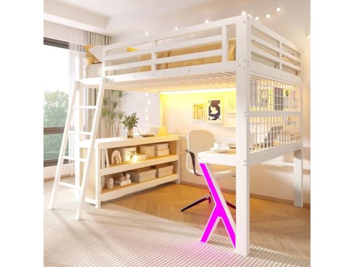 BTM Hochbett Jugendliche 140x200 mit Stauraum, Schreibtisch & LED Weiß