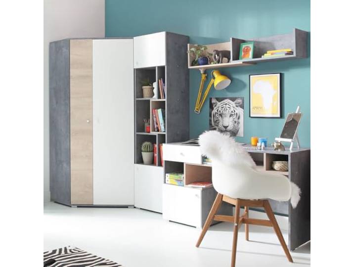 Lomadox Jugendzimmer Set 4-teilig mit Eckkleiderschrank, Regalschrank, Wandregal, Schreibtisch in Beton weiß Eiche modern