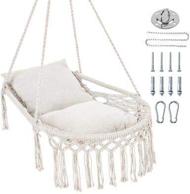 Costway Macrame Swing Chair Hammock Chair with 2 Removable Cushions-Beige