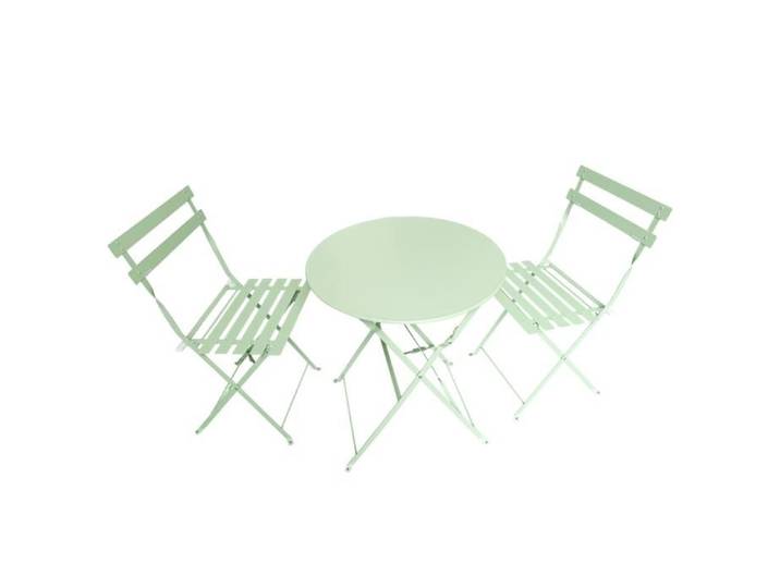 Ensemble de bistrot pliable vert Laly - Table ronde 60 cm et 2 chaises acier pour jardin ou terrasse