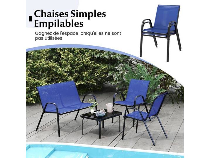 GIANTEX 4 Pcs Ensemble de Salon de Jardin avec 3 Chaises en Tissu et Table Basse en Verre Trempé pour Jardin Terrasse Bleu
