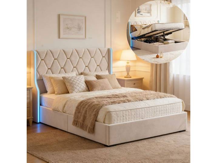 Lit 160x200 cm DRELYGWEA LED sommier à lattes cadre de lit double 160x200 tissu en velours beige