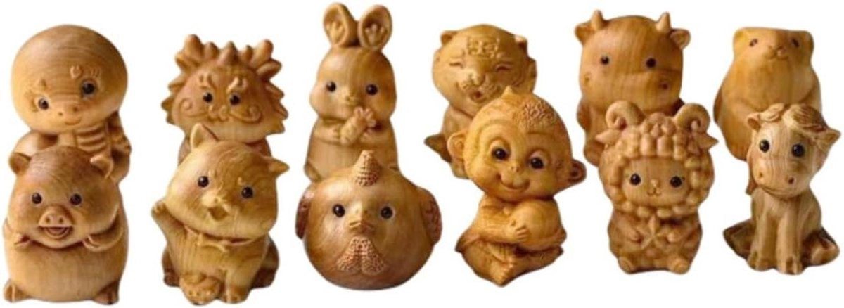 Set van 12 handgemaakte houten dierenriem beelden in geel voor bureau decoratie