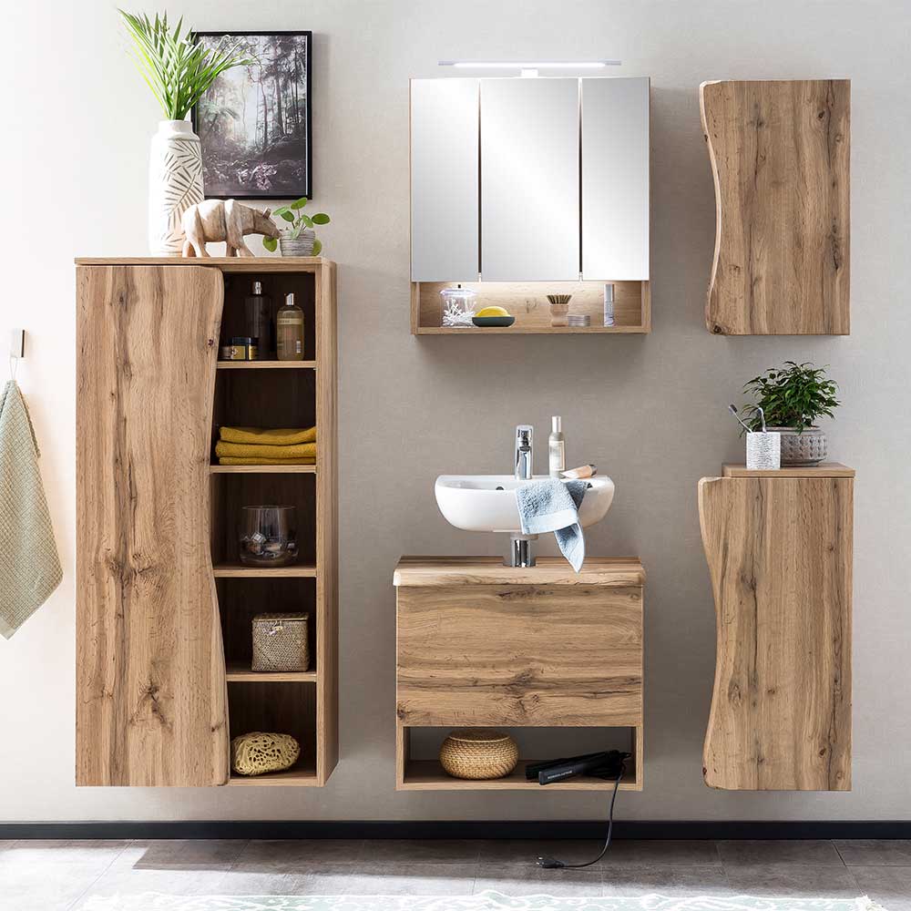 Pharao24.de Badmöbel Set Wildeiche Holzoptik mit Baumkante Landhausstil (fünfteilig)