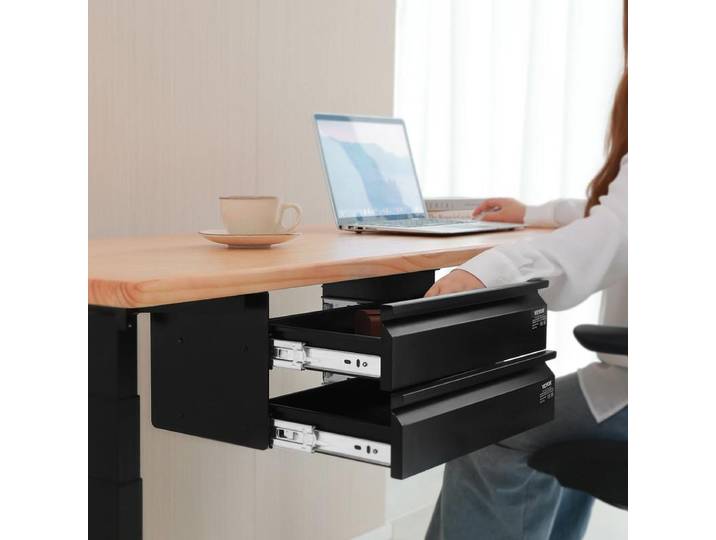 Tiroir Coulissant Sous Bureau, 457x227x200 mm, Tiroir de Rangement Caché Sous Bureau à 2 Niveaux, Capacité de Charge 5 kg, pour Maison Sous Table, Poste de Travail Assis-Debout