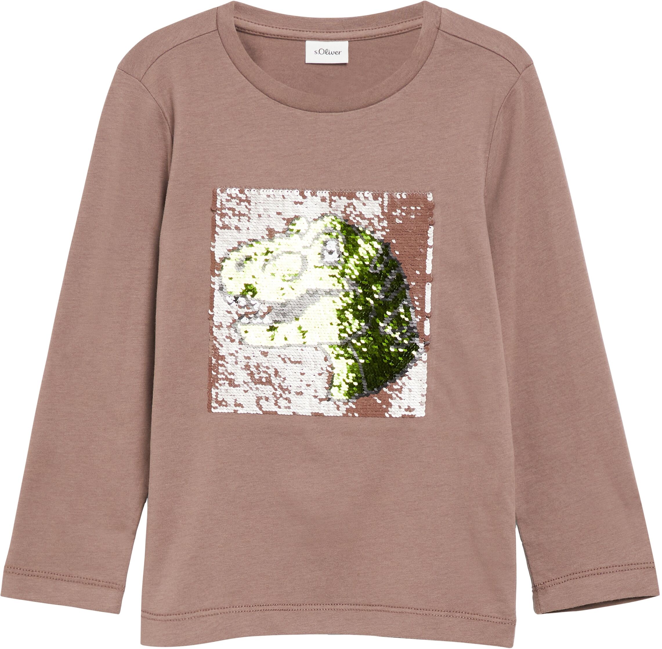 Langarmshirt S.OLIVER JUNIOR, Mädchen, Gr. 104/110, braun, Jersey, Obermaterial: 100% Baumwolle, bequem normal, Rundhals, Shirts Langarmshirt, Wendepailletten, in 2 Richtungen streich- und veränderbar