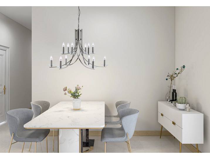Lustre 88 x 55 x 88cm Argenté/Nickel brillant 12 Acier, brossé Verre clair E14