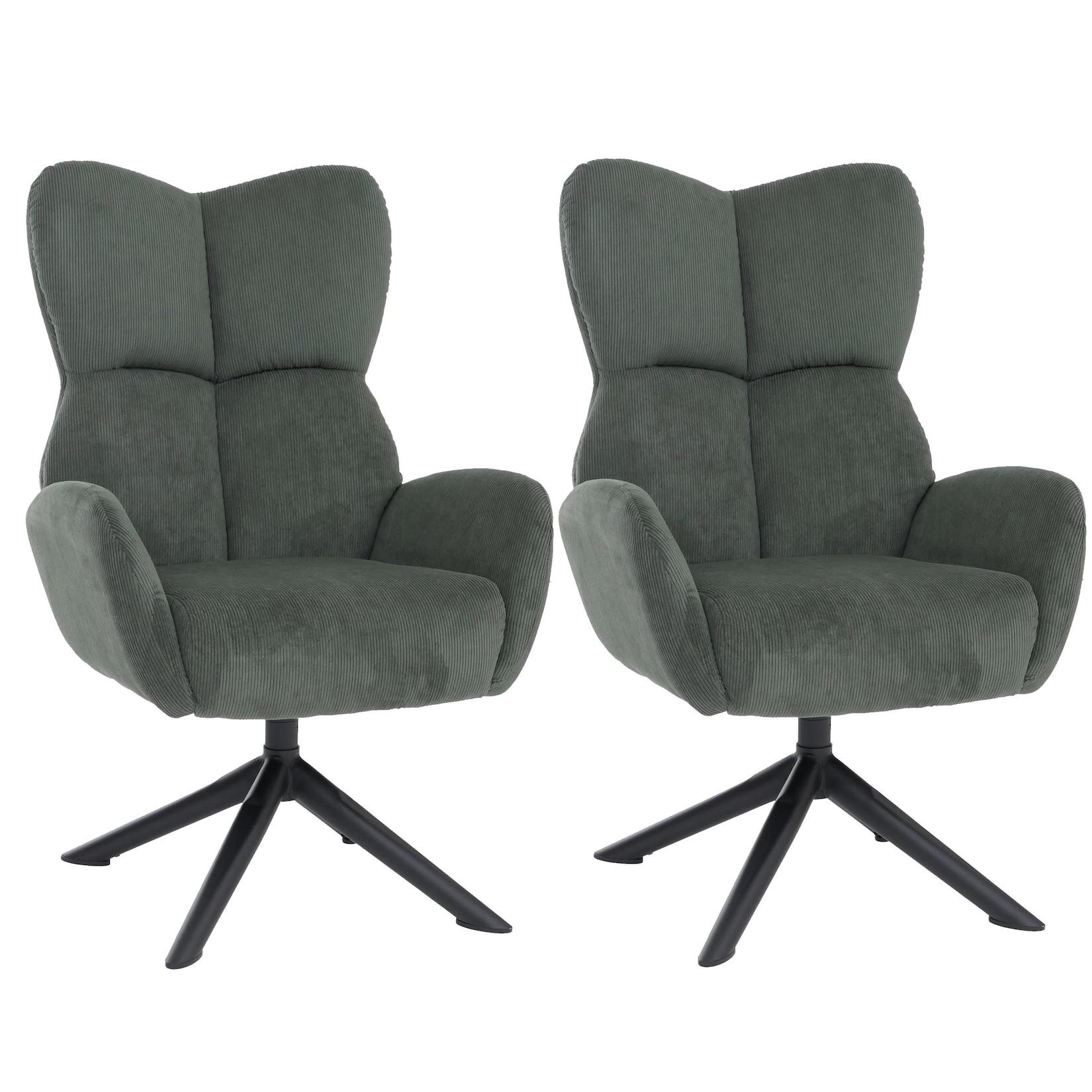 2er-Set Esszimmerstuhl MCW-Q54, Relaxstuhl Loungestuhl Polsterstuhl, drehbar Metall Cord (320g/m²) ~ grün