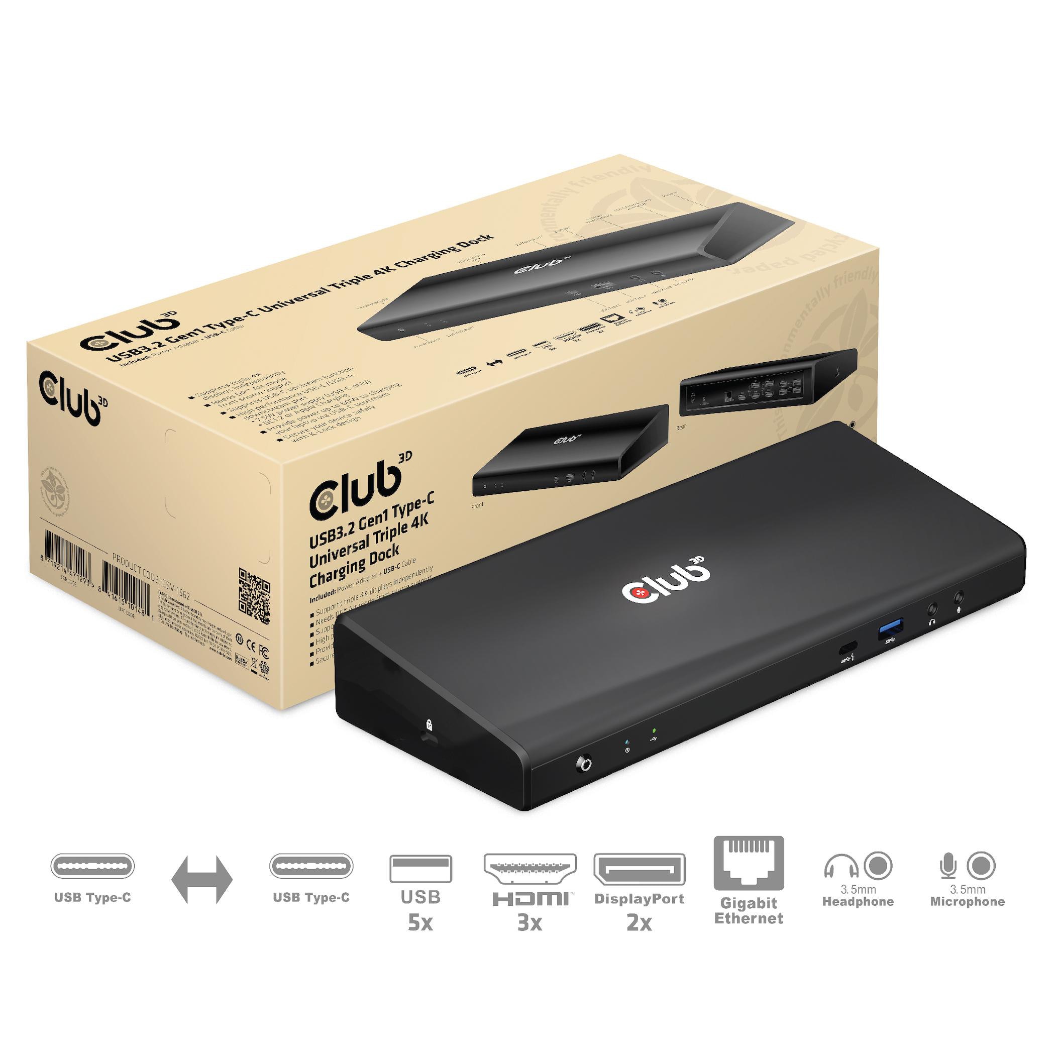 Club 3D CSV-1562 USB-C5Gbps Universal Triple 4K Charging Dock