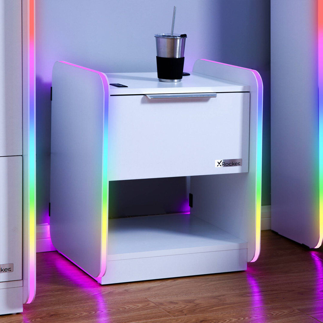 X Rocker Electra LED Bedside Side Table with Wireless Charging - Black White 55.5cm H X 40cm W X 45cm D