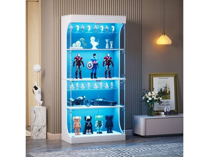 Vitrine en Verre Trempé Blanc 4 Portes 4 Étagères Présentoir pour Figurines Éclairage LED USB Détection Mouvement Salon Chambre