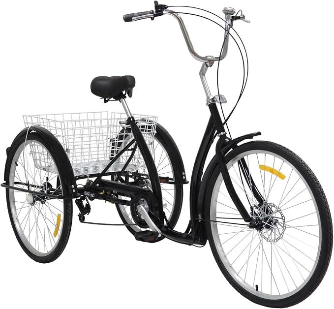 26 Zoll 3 Räder Dreirad Erwachsene, 6 Gang Dreirad für Erwachsene mit Korb, Verstellbarer Sitz 84-96cm, Maximale Sitzbelastung 120kg, Schwarz