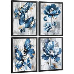 POSTER 4er Kunstdruck-Set Wandbilder Blumen Blau Schmetterlinge modern Wohnzimmer Deko, Schlafzimmer, Küche, Badezimmer Rahmenlos A3