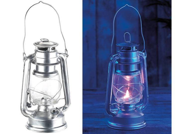 LED-Sturmleuchte im Öllampen-Design, Flammen-Imitation, silberfarben