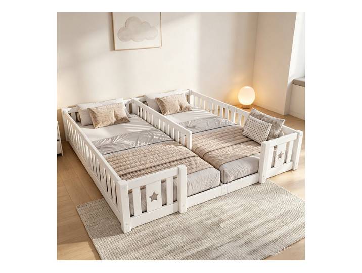 Simurq Kinderbett Doppelbett 90x200cm 2er Set, Bodenbett mit Umrandung, Holz Gitterbett, Shared Bed für Geschwister, Sternen-Design, Kinderzimmer Möbel