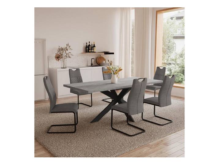 LuxusKollektion Essgruppe Essgruppe Ausziehbar MDF Küche 130-170cm Tisch + 6 Graue Stühle