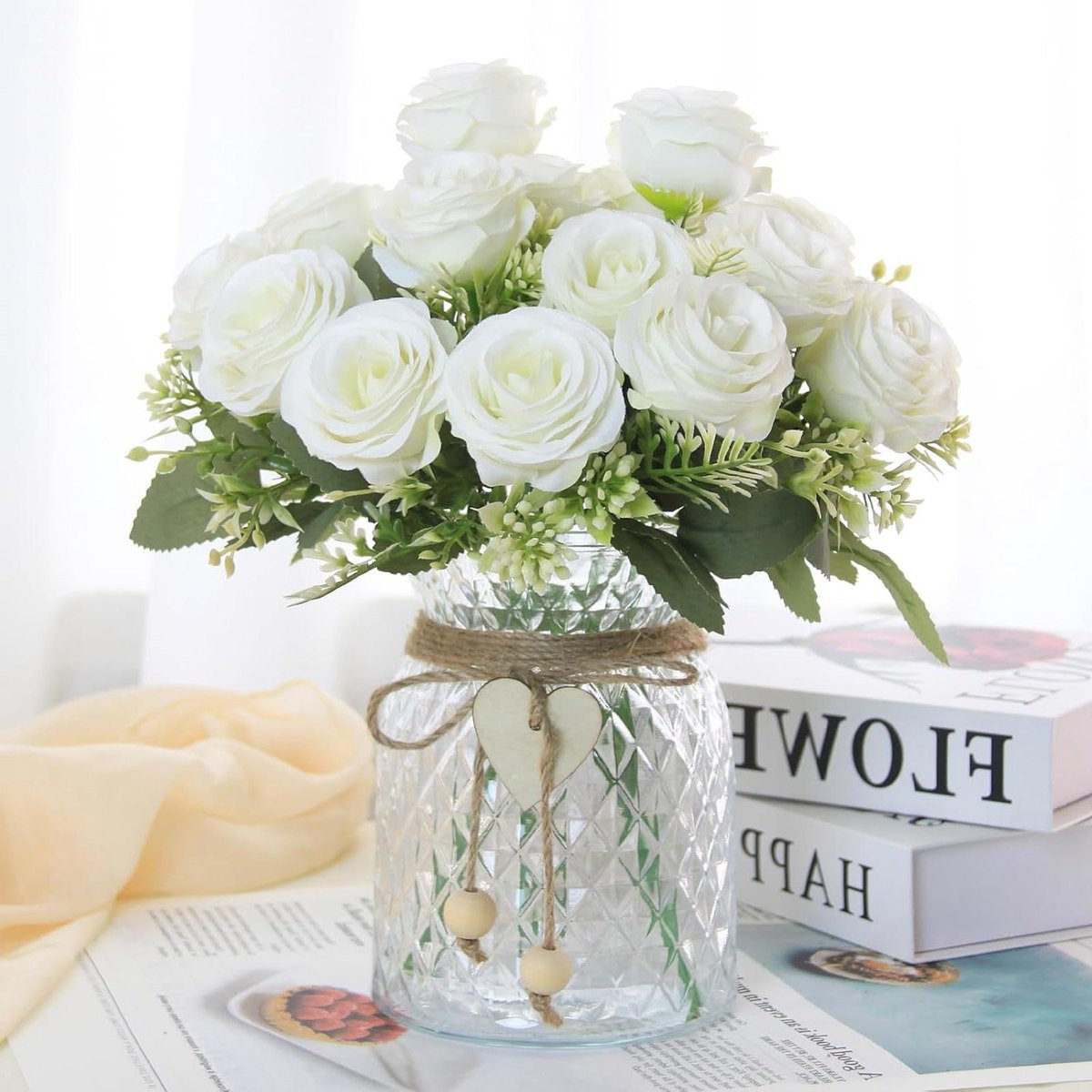 Kunstbloemen met vaas decoratieset wit - Hoogte: 30 cm