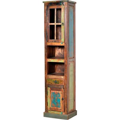 Vitrine SIT "Fiumicino aus recyceltem Altholz im Vintage-Look", bunt, B:44cm H:189cm T:34cm, Massivholz, Recyceltes Altholz, Schränke, Vitrine, 2 Türen, Schublade & offene Fächer für vielseitigen Stauraum