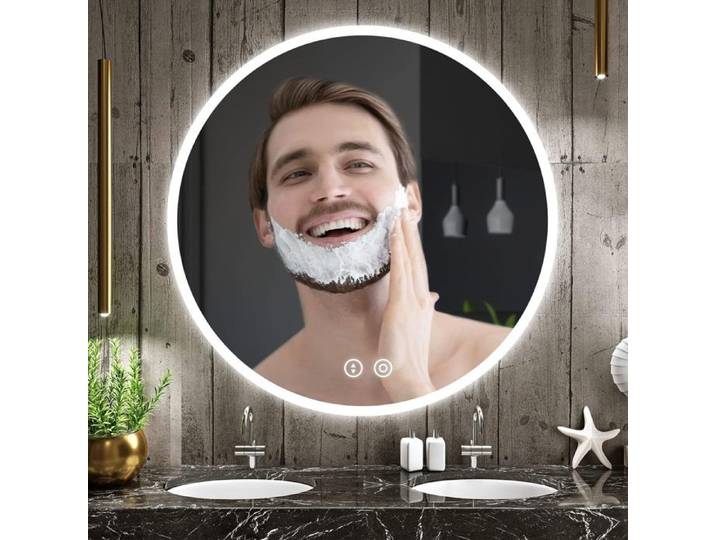 Dripex Miroir Mural Suspendu Miroir de salle de bain rond avec éclairage miroir LED avec interrupteur tactile anti-buée 60x60cm