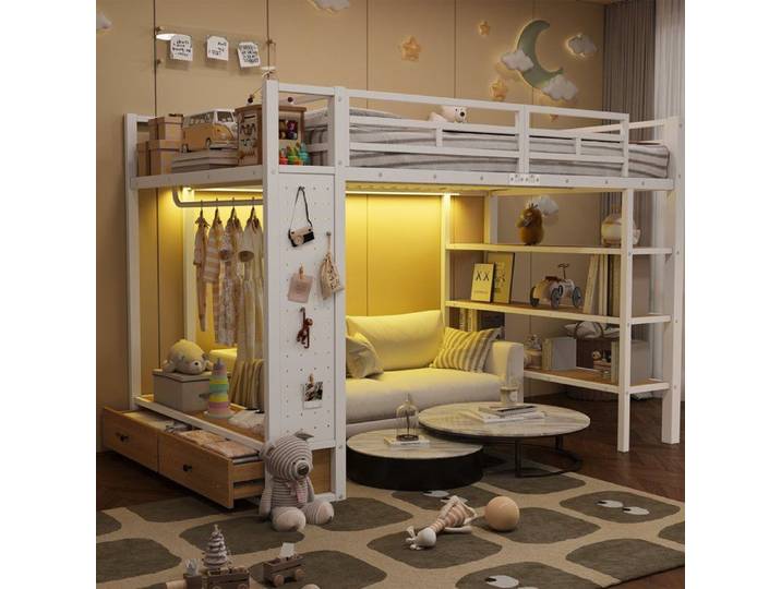 Lit mezzanine 140x200 avec rangements échelle et LED pour adulte