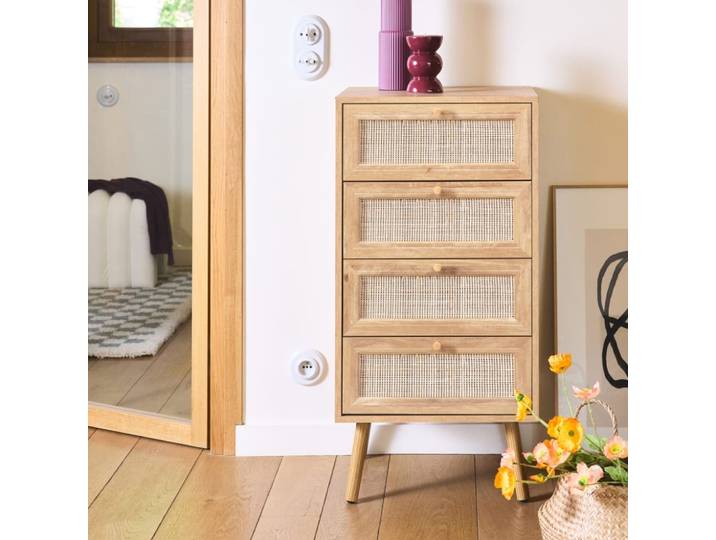 Commode chiffonnier 4 tiroirs décor bois et cannage