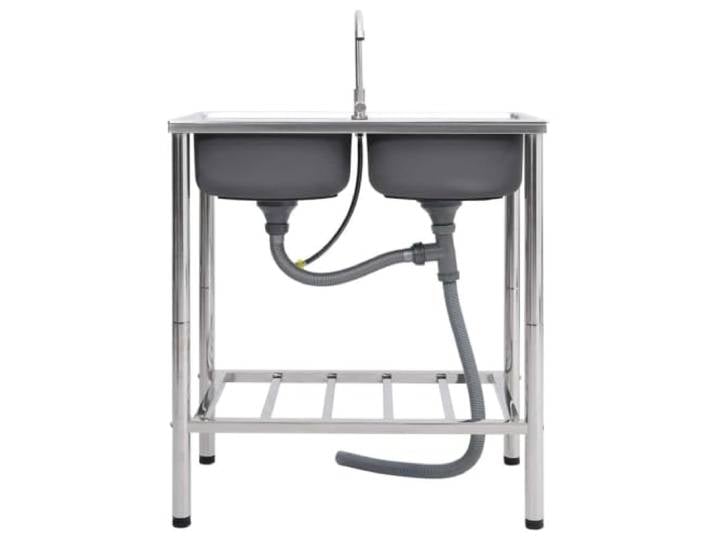 Campingspüle Doppelwaschbecken mit Wasserhahn aus Edelstahl 2 Waschbecken, Abtropfgestell, Wasserhahn, Edelstahl, kratzfest, extra tiefe Becken, leicht zu transportieren