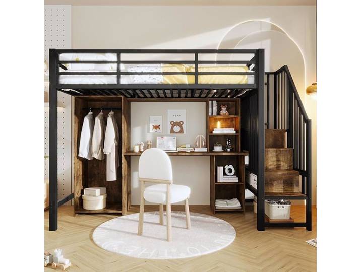 Lit Mezzanine Métal Noir 90x200 – Bureau + Armoire Intégrée Escalier Rangement – Surélevé pour Chambre Ado noir LIT MEZZANINE