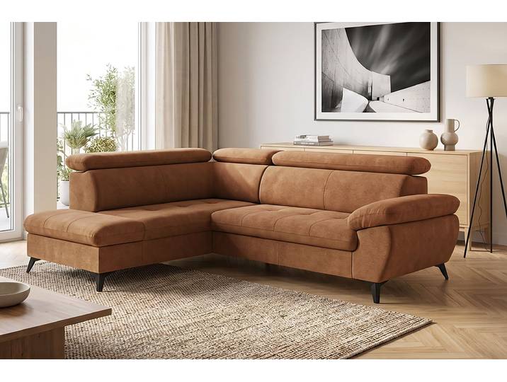 Ecksofa, Orange, 256x207 cm, Struktur, Mit Bettfunktion & Bettkasten, Modern, Cotta