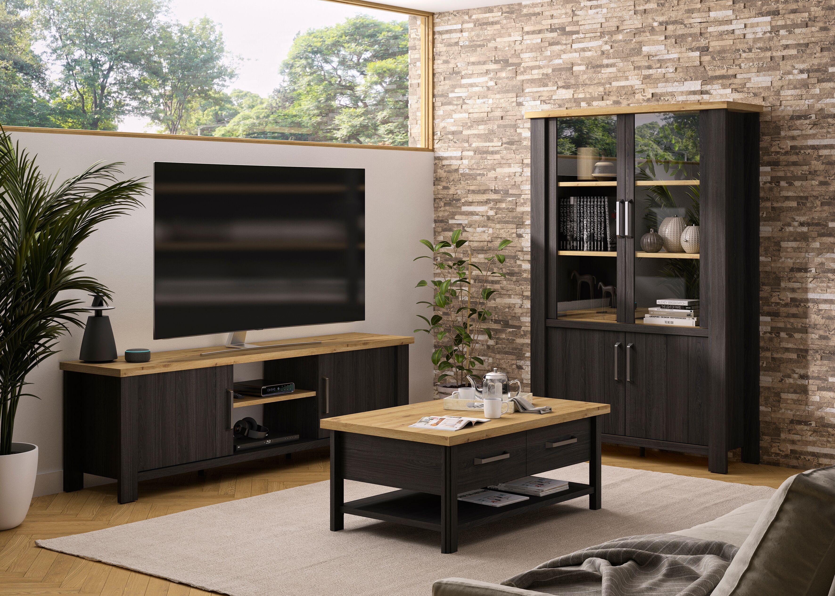 TV-Board GAMI "Sequoia", schwarz, B:200cm H:60cm T:45cm, Holzwerkstoff, Sideboards, TV-Board, Wohnzimmer-Programm in Landhaus- und Industrial-Dekor