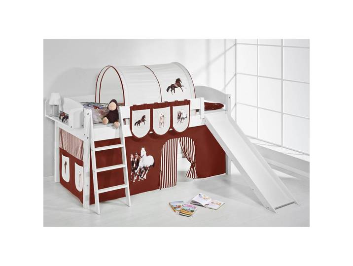 Hochbett Pferde 90 x 200cm Weiß/Braun mit Rutsche/mit Leiter