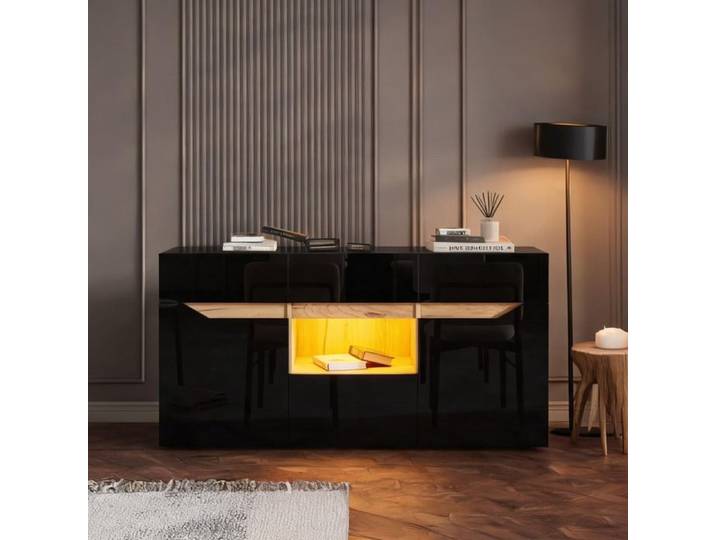Meuble TV design noir et bois 140x40x70 cm LED App 4 tiroirs 2 portes Hochglanz