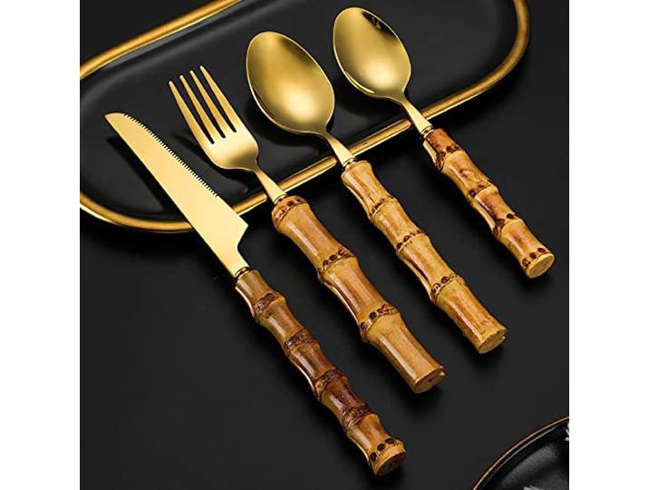 DDNGEJ Bambus-Besteck-Set für 12 Personen, natürliches Bambus-Edelstahl-Goldbesteck, Besteck-Set, Utensilien-Sets mit Messern, Löffeln, Gabeln, vergoldetes Design für Zuhause, Party, Hoch