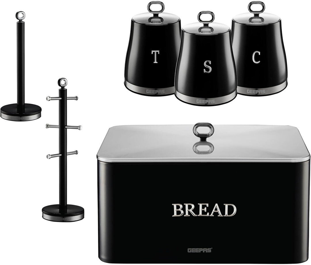 GEEPAS RetroVive Tea Coffee Sugar Canister, Bread Bin, Mug Tree & Towel Pole Set   13L Bread Box 1.4L Airtight Canister Set   Carbon Steel Build Kitch Black