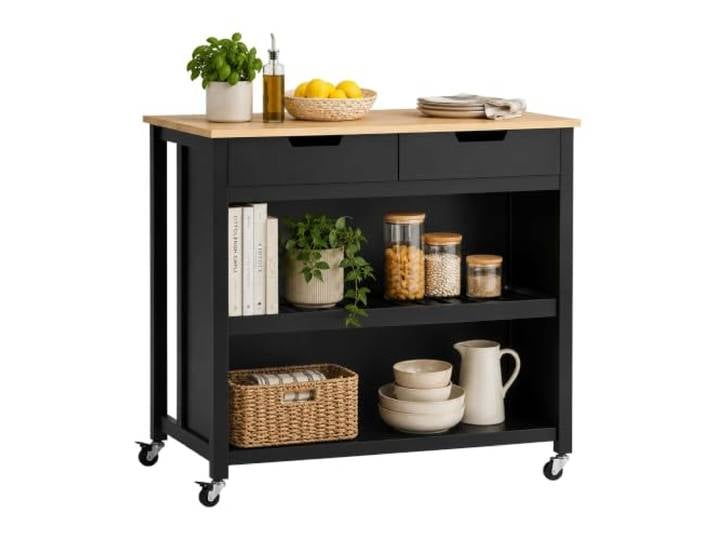 Relaxdays Desserte Cuisine\, Plateau\, 2 tiroirs\, 2 étagères\, Noir/Naturel Siège\, 94 x 100 x 60 cm\, chariot à table