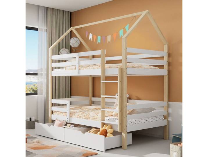 Lit Superposé enfant - Maison - 90x200 cm - Bois de pin - Avec tiroirs