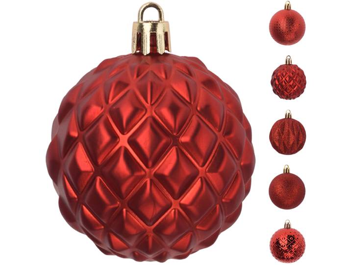 Weihnachtskugeln, 35 Stk., rot, je Ø 6 cm, 5 verschiedene Designs und Muster
